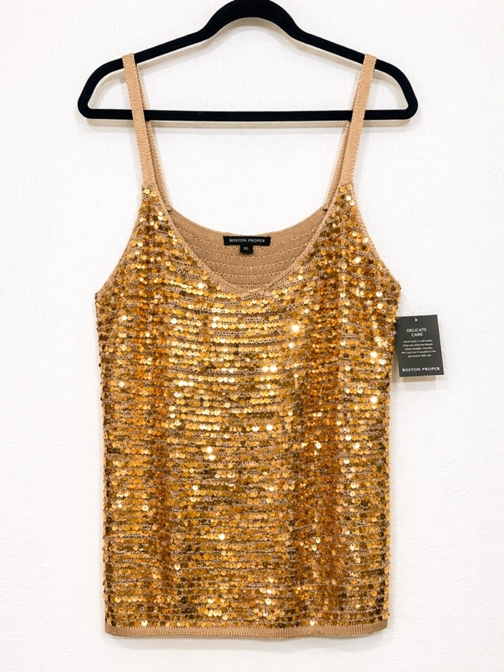 Boston Proper Gold Sequin Knit Camisole Tank Glam Party Going Out Top Blouse XL